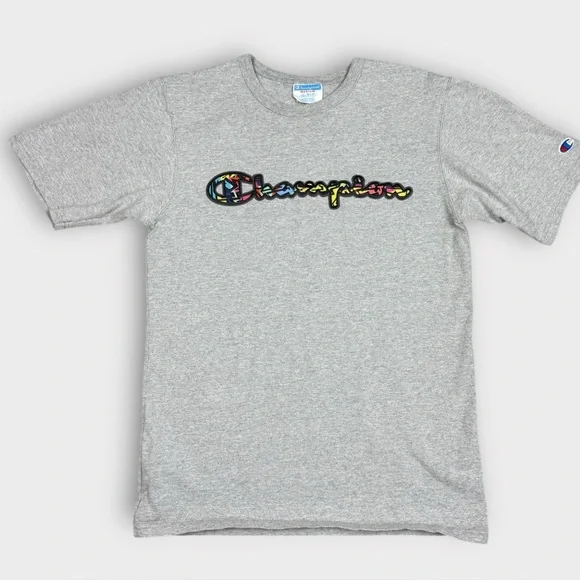 Champion Mens T-Shirt Medium Gray Colorful Graffiti Script Logo Short Sleeve Tee - Picture 1 of 7